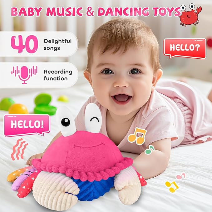 Pink Crawling Crab Baby Toy - Rechargeable Musical Plush Toys with 40 Songs & Voice Recorder, Sensory Toy for Infant Tummy Time, Soft Toy for 12-18 Months Girl, Gift for Toddlers 1-3