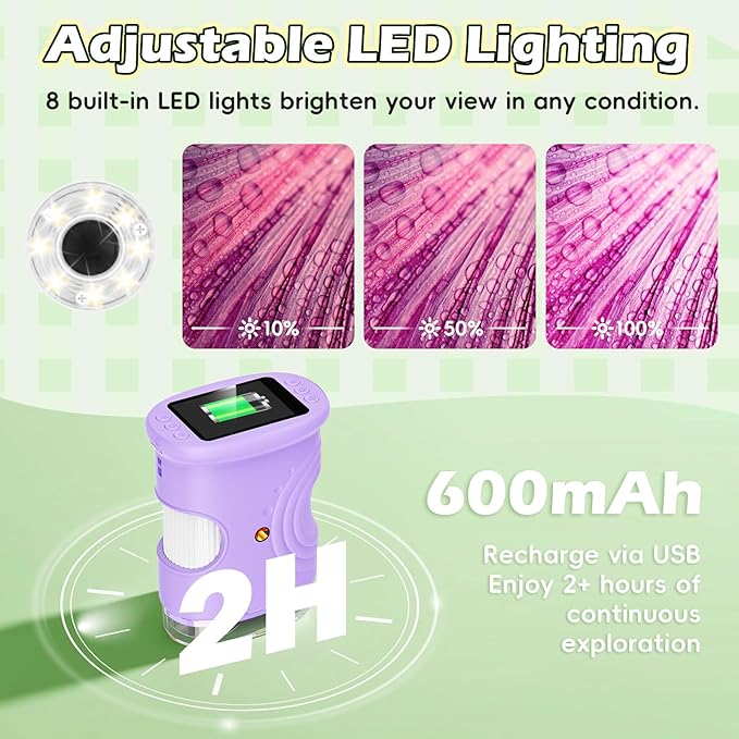 Kids Digital Microscope 1000X Zoom, Mini Pocket Handheld Microscope with Camera/Video/Telescope Function, Portable Outdoor Travel Toys for Boys Girls 3-8 Years STEM Gifts, 8GB SD Card Included