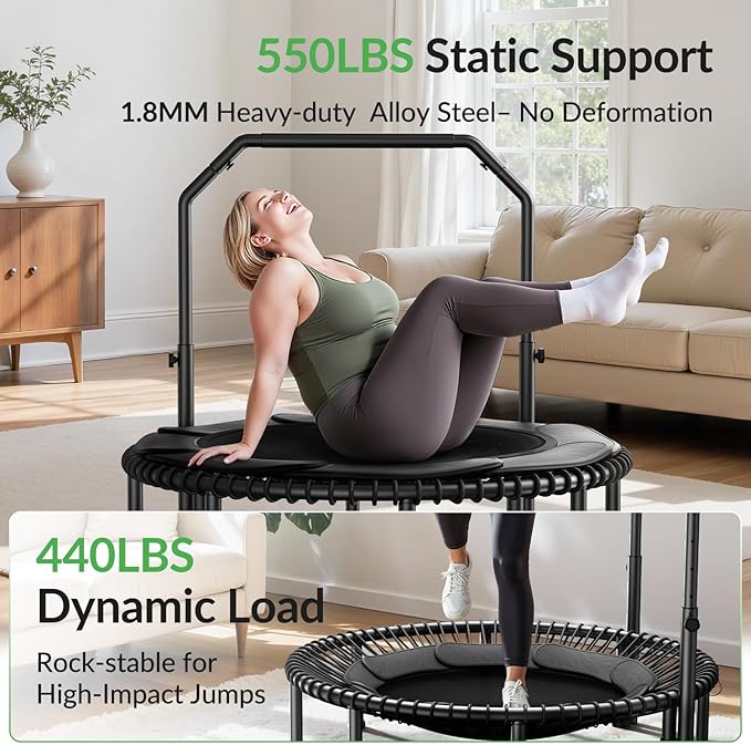 BCAN 40"/48" Mini Rebounder Trampoline for Adults with Bar, 450/550LBS Fitness Trampoline with Bungees, Adjustable Handle, Stable & Quiet, Indoor Outdoor, Whole-Body Workout & Relaxation at Home