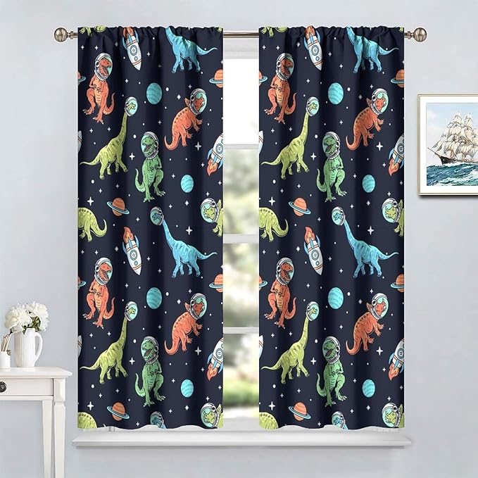 Cartoon Dinosaur Curtains for Kids Boys Girls Home Decor, Astronaut Rocket Funny Outer Space Blackout Rod Pocket Window Drapes for Bedroom Living Room W31.5xL72in 2 Panels