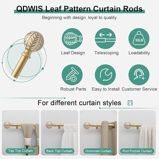 QDWIS Gold Curtain Rods for Windows 66 to 120 inch, Rustic Decorative Drapery - Image 6