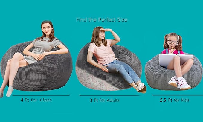 2 Pcs Classic Bean Bag Chair, with Faux Rabbit Fur Cover for Teens and Kids, Memory Foam Bean Bag Chairs, Ultra Soft Faux Fur Fabric, 2.5 feet Round Fluffy Bean Bag Sofa