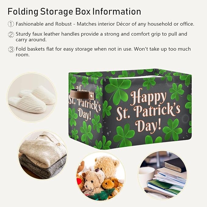Storage Basket Happy St Patrick's Day Cube Storage Bins Organizer Bag Collapsible Closet Shelf Baskets with handle for Baby Cloth Pet Toy Book 14.2×10.2×8.3 IN