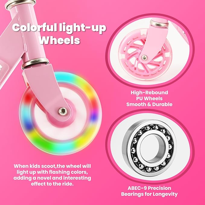 Scooter for Kids Ages 3+, Teens, Foldable Kick Scooter with Light up Wheels, Kickstand, 3 Adjustable Levels, Rear Brake, Lightweight Boys Girls Outdoor Toys for Kids 8-12, Pink
