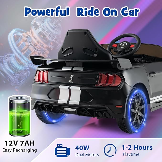 Costzon Ride on Car, 12V Licensed Ford Mustang Shelby GT500 Kids' Electric Vehicles w/Remote Control, USB Port, Radio, Music, Player, High Low Speed & Soft Start, Racing Kids Car for Toddler (Black)