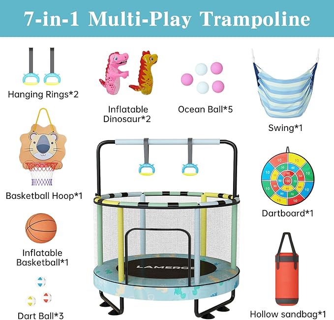 LAMERGE 55" 7-in-1 Round Trampoline for Kids Boys & Girls Ages 1-8, Indoor & Outdoor Trampoline for Fun, Adjustable Height Handrail ＆ Enclosed Safety Net ＆ Durable Designs for Toddlers Children