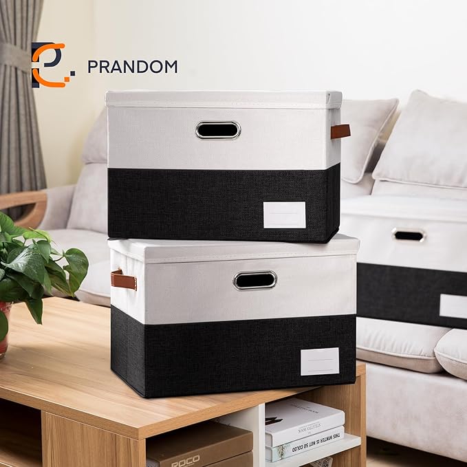 PRANDOM Foldable Storage Bins with Lids [3-Pack] Fabric Collapsible Storage Boxes Baskets Cubes Containers with Handles for Closet Living Room Bedroom (Black & White 17.7x11.8x11.8'')