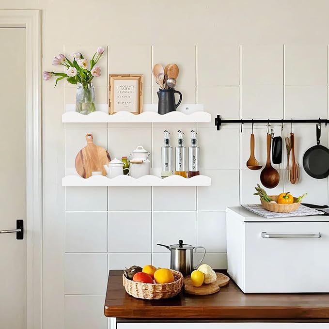 Nursery Book Shelves, 4 Pack White Floating Shelves for Wall, Wood Scalloped Shelves for Storage Books, Wall Book Shelf for Kids Rooms, Bedroom, Toddler Room, Baby Room, Nursery Decor