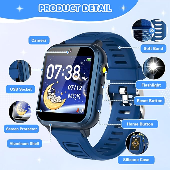 Smart Watch for Kids with 39 Games Touchscreen Camera Video, Music Player, Pedometer, Calculator, Calendar, Stopwatch, Flashlight, Alarm Clock 12/24 hr, Birthday Gifts Toys for Boys Ages 3-12