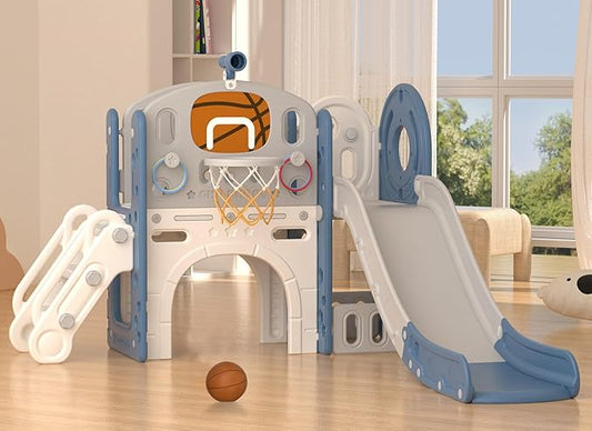 YUFU 9 in 1 Toddler Slide Set, Kids Slide for Toddlers Age 1-3, Toddler Playset with Basketball Hoop and Ball, Outdoor Indoor Playground for Toddlers 1-3 (Blue+Gray)