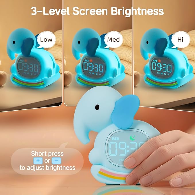 Alarm Clock for Kids with Night Light, Sleep Training Clock Time to Wake Clock, Rechargeable Silicone Light for Bedroom, Perfect Sleep Companion for Boys Girls，Blue Elephant