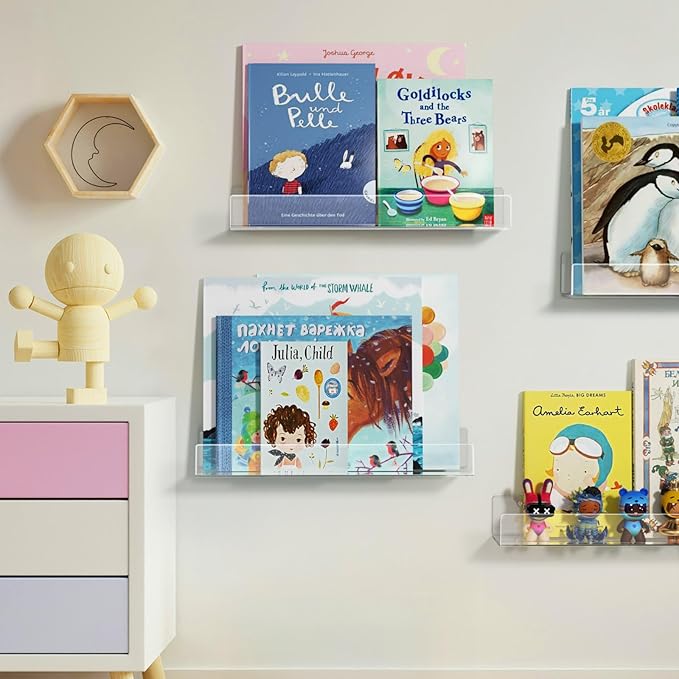 NIUBEE 16.5-Inch Acrylic Floating Bookshelves, 4-Pack, Clear Modern Wall Shelves for Child/Toddler， Invisible Ledge Book Shelves for Multi-Layer or Multi-Room Storage in Kids’ Rooms and Family Spaces