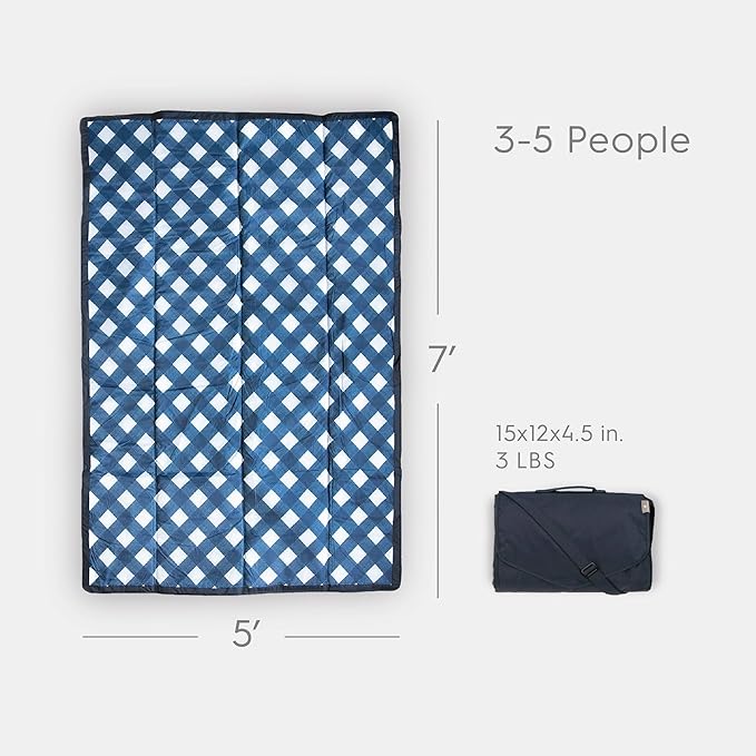 Little Unicorn 5'x7' Outdoor Family Picnic & Beach Blanket | Durable & Water-Resistant Fabric | Compact Fold & Easily Wipes Clean | Zipper Pocket (Navy Plaid)