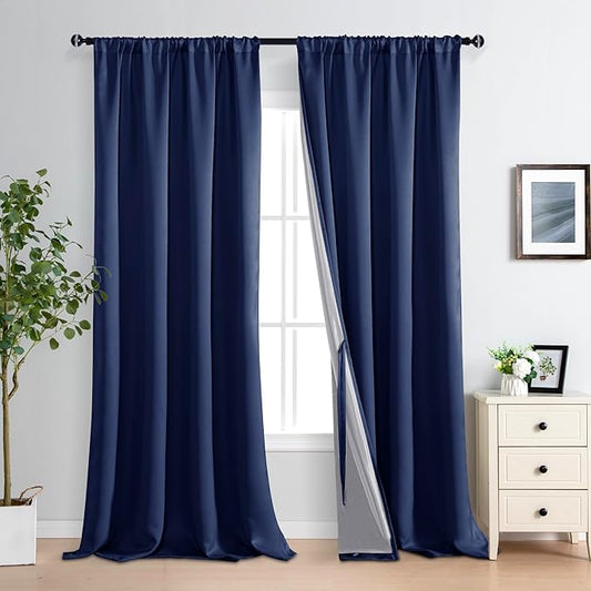 XWZO 100% Blackout Curtains - Extra Long Thermal Insulated Black Liner Rod Pocket Curtains, Noise Reducing and Heat Blocking Drapes for Bedroom with Tiebacks, Navy Blue, W52 x L108, Set of 2