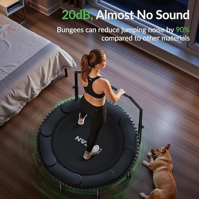 BCAN 40"/48" Mini Rebounder Trampoline for Adults with Bar, 450/550LBS Fitness Trampoline with Bungees, Adjustable Handle, Stable & Quiet, Indoor Outdoor, Whole-Body Workout & Relaxation at Home