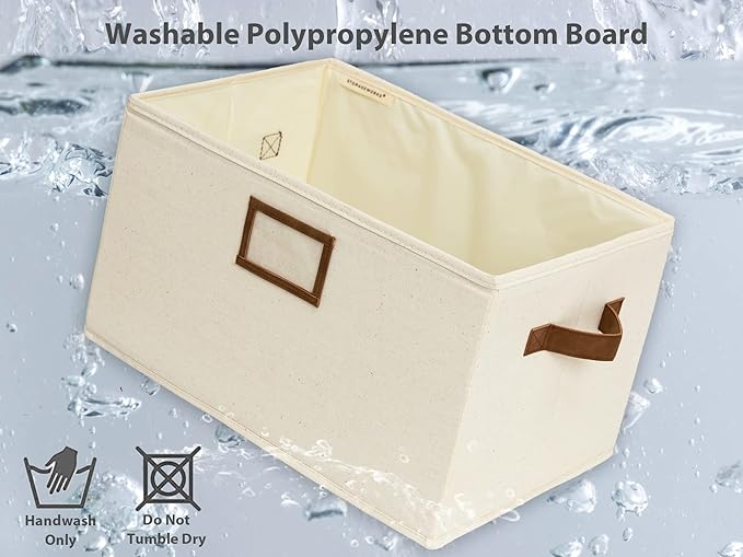 StorageWorks Storage Baskets for Shelves, Foldable Fabric Closet Storage Bins with PU Handles, Fabric Storage Bins Clothes Organizer, Ivory White, 3-Pack, Extra Large