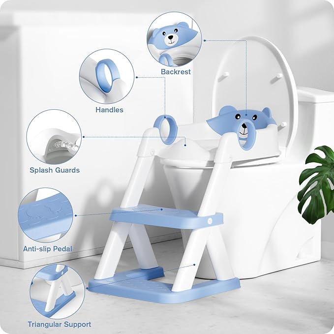 Potty Training Seat, Upgrade Toddler Toilet Seat for Kids Boys Girls, 2 in 1 Potty Training Toilet for Kids, Splash Guard Anti-Slip Pad Step Stool(Blue)