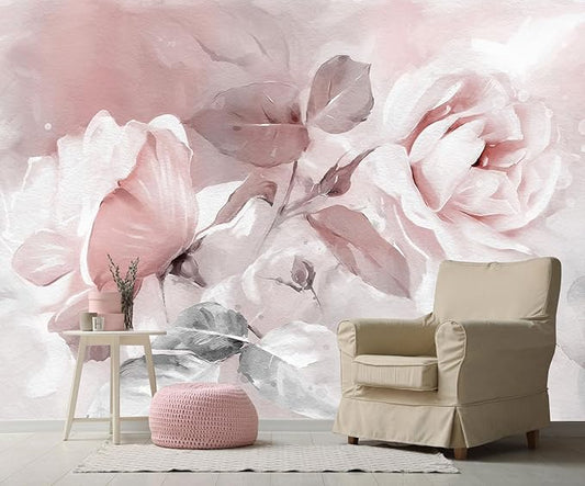 Pink Watercolor Peony Floral Mural Wallpaper Rose Flower Wall Mural for Living Room Bedroom Dining Room Office(Not Self-Adhesive)
