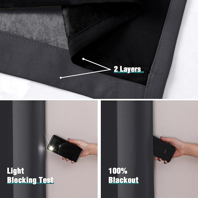ChrisDowa 100% Blackout Curtains 80 inch Long for Bedroom with Black Liner, 2 Thick Layers Total Blackout Thermal Insulated Grommet Window Curtains 2 Panels Set (Dark Grey, 52 x 80 Inch)