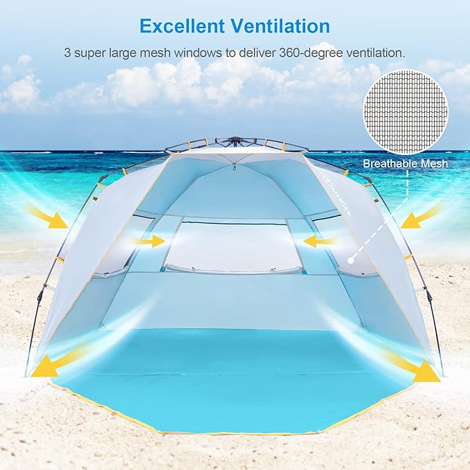 WolfWise 4-5 Person Easy Up Beach Tent UPF 50+ Portable Instant Sun Shelter Canopy Umbrella with Extended Zippered Porch, Blue