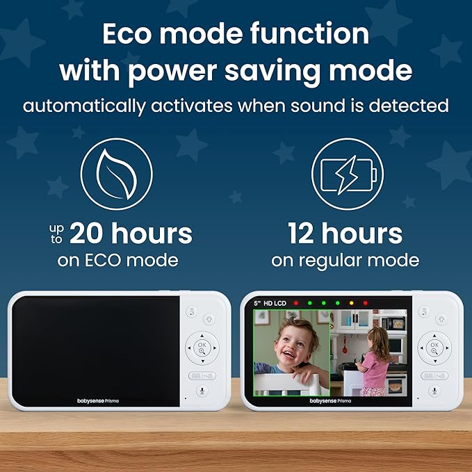 Babysense Prisma Baby Monitor with Camera and Audio, 5” HD Video Baby Monitor, 6-Color Night Light, Split Screen, Baby Sound Machine with White Noise & Lullabies, Secure No WiFi