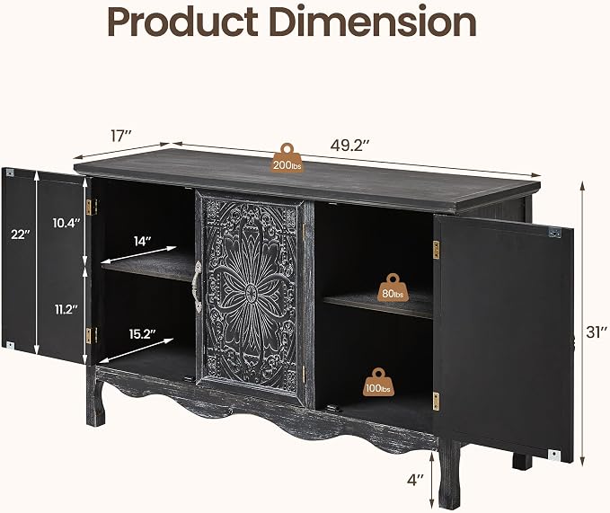 RoyalCraft Buffet Cabinet with Storage, Vintage Solid Wood Sideboard with 3 - Image 2