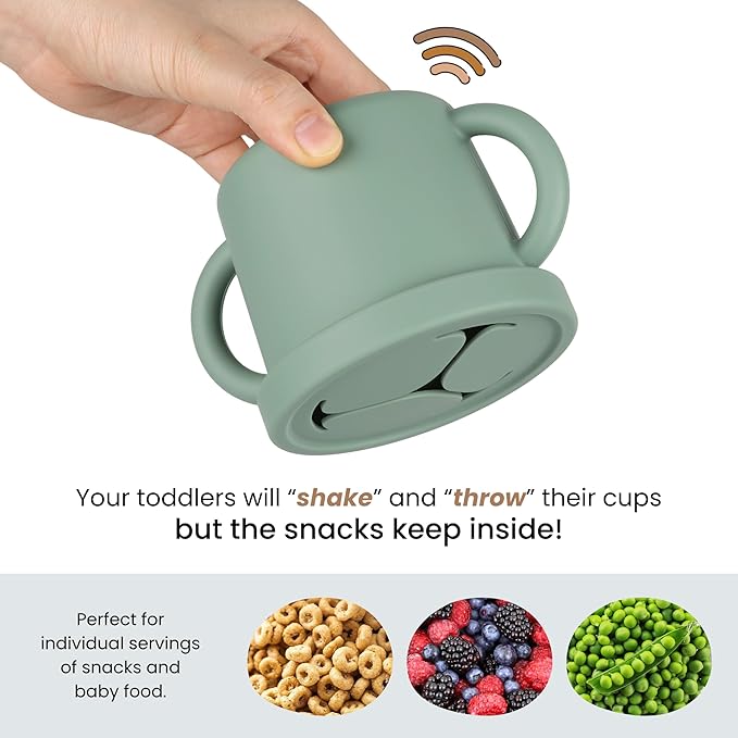 Snack Containers for Toddlers, Kids - 2 Pack Food Grade Silicone Snack Cups with Grip Handle (Sand/Natural)