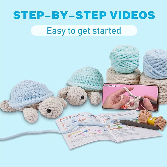 Eelexa Crochet Kit for Beginners, Amigurumi Crocheting Animal Kits, with Step-by-Step Video Tutorials for Kids Adults Beginner - 2 Pack Turtles