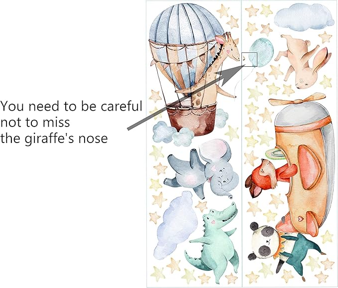 TOARTI Airplane Animal Wall Sticker, Colorful Baby Room Wall Sticker, Cartoon Animals for Children's Room, Adorable Elephant Giraffe Panda Wall Decal for Kids Bedroom Wall Decoration