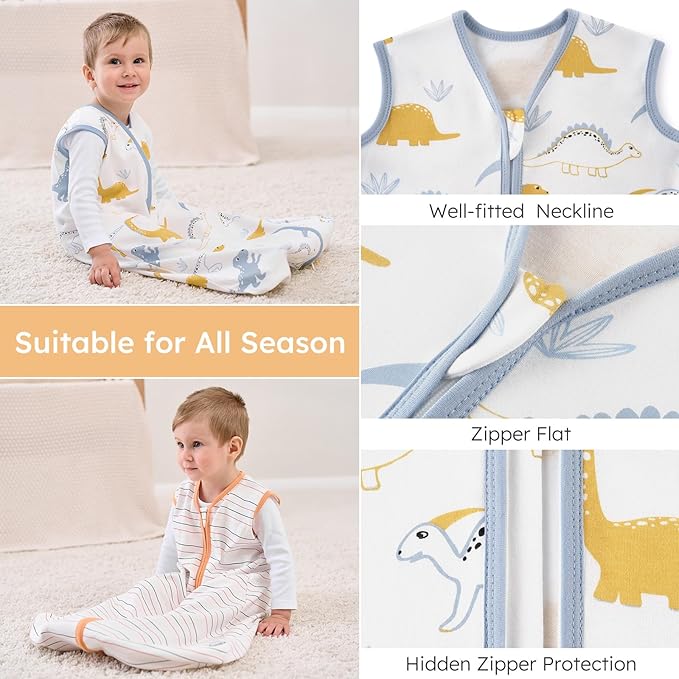 Yoofoss Baby Sleep Sack 12-18 Months Baby Wearable Blanket 100% Cotton 2-Way Zipper TOG 0.5 Toddler Sleeping Sack 3 Pack, Lightweight Sleep Sacks for Babies(Large)