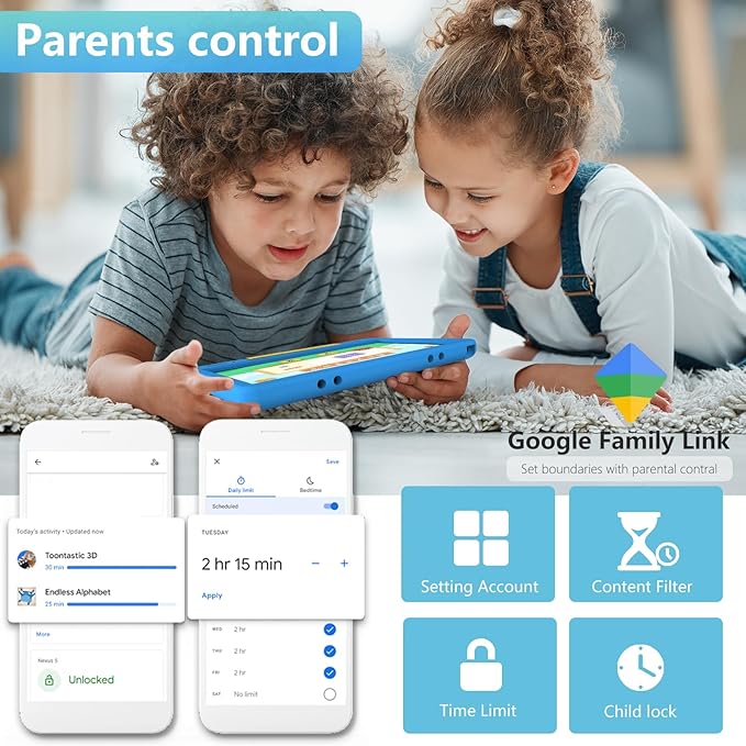 Tablet for Kids 10.1 inch Android 14, 8GB+64GB(TF 1TB) 6000mAh Kids Tablet WiFi6 Parental Control,Face Unlock, 1280 * 800 HD Screen (Layard Blue)
