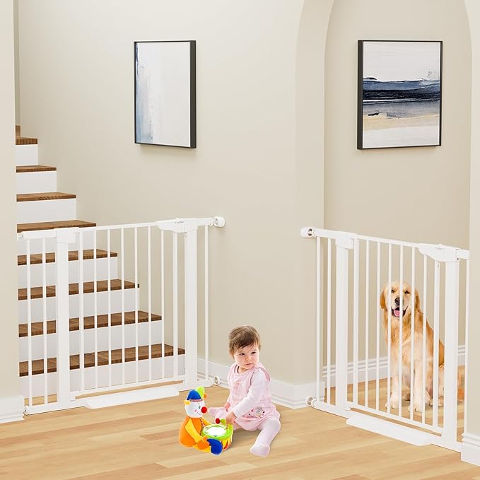 Cumbor 2 Pack 29.7-40.6" Baby Gate for Stairs, Mom's Choice Awards Winner-Dog Gate for Doorways, Pressure Mounted Self Closing Pet Gates for Dogs Indoor, Safety Child Gate with Easy Walk Thru Door