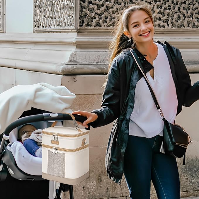 Mancro Breastmilk Cooler Bag with Ice Pack, Double Layer Insulated Baby Bottles Bag Fits 6 Bottles Up to 9 Ounces, Portable Breast Pump Cooler Travel Bag for Daycare and Nursing Moms, Beige