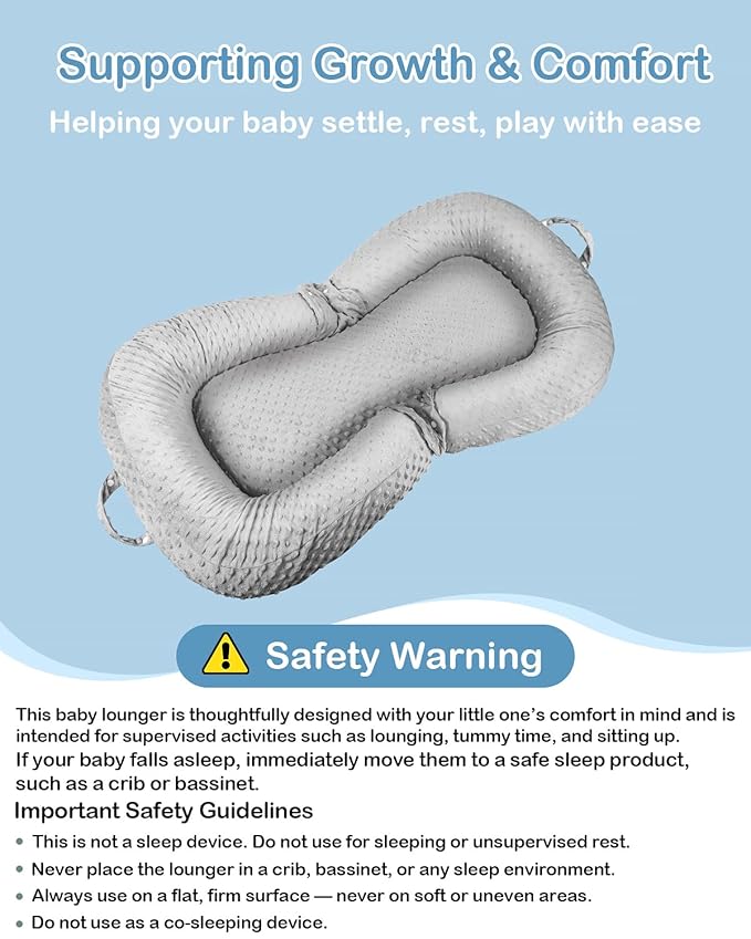 Baby Lounger Pillow : 3-in-1 Infant Lounger for Newborn 0-24 Months, Portable Tummy Time Mat for Home and Travel, Breathable & Soft Baby Seat for Baby, Babies Essentials Gifts, Grey