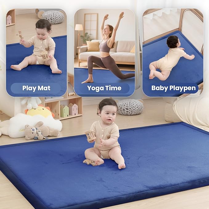 Baby Play Mat for Floor,1.3" Thick Memory foam Tummy Time Mat for Toddlers,Infants,kids,Water-Repellent Soft Nursery Rug ,79"×79" Extra Large Non Slip for Crawling&Yoga,Tatami Style for Living Room(Royal Blue)