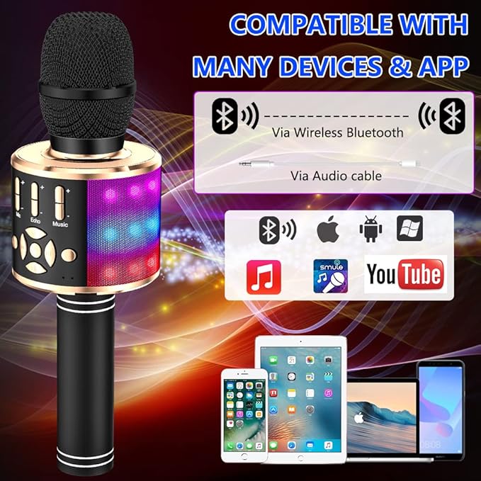 Amazmic Kids Karaoke Microphone Machine Toy Bluetooth Microphone Portable Wireless Karaoke Machine Handheld with LED Lights, Gift for Children Adults Birthday Party, Home KTV(Black Gold)