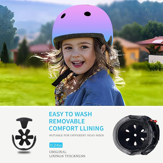 Adjustable Kids Bike Helmet with Knee & Elbow Pads Set, Color Gradient Design for Boys and Girls Aged 3-14+, for Skateboarding, Scooter, Roller & Inline Skating, Longboard