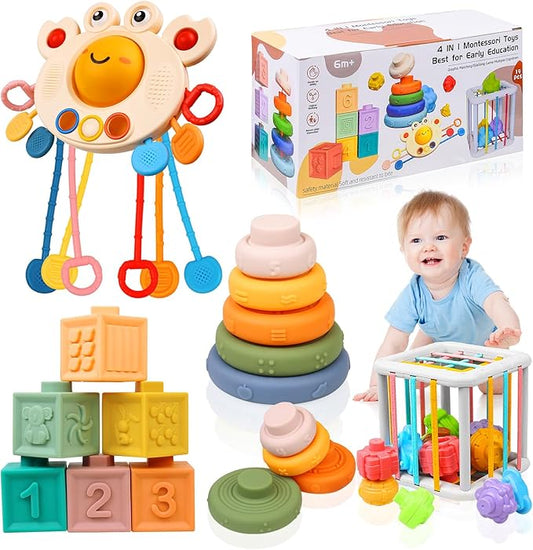 Montessori Toys for Babies 6-12 Months, 4 in 1 Soft Baby Teething Toys, Stacking Building Blocks & Rings for Infants, Sensory Bin Toy