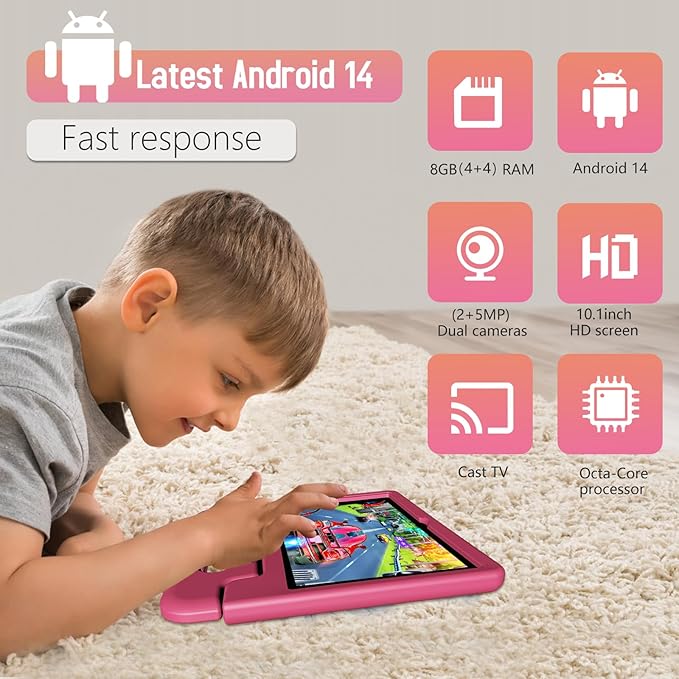 Tablet for Kids Age 3-12 10.1 inch Android 14 6000mAh 8GB RAM+64GB ROM(Expandable to 1TB Kids Tablet WiFi6 Google Kids Space Parental Control 1280 * 800 HD Screen (Pink)