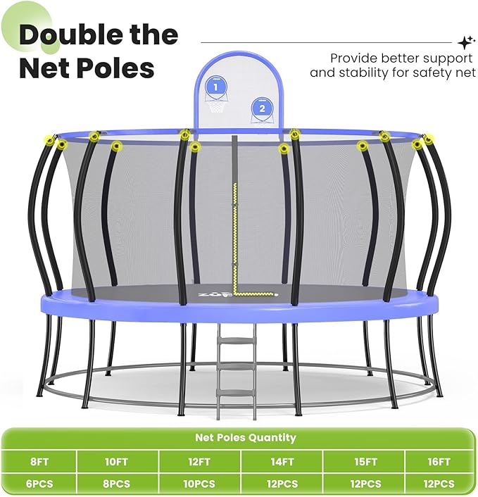 Zupapa 1800LBS Weight Capacity 2025 Double Frames Trampoline with No-Gap Design Curved Poles 16 15 14 12FT Trampolines for Kids with Enclosure Net Outdoor Trampolin for Children Adults Family