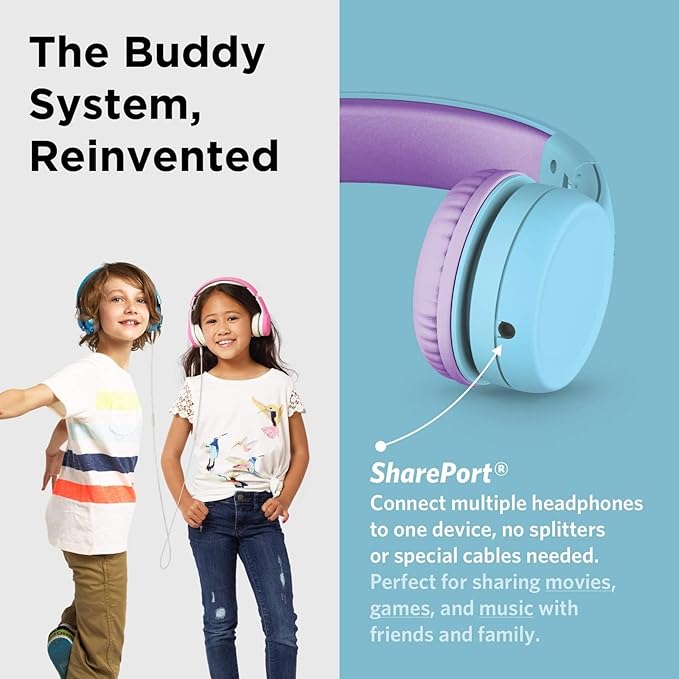LilGadgets Connect+ Wired Kids Headphones for School with Mic, Volume Limited & Noise Reduction, On-Ear Headset with Cord, SharePort Technology for Multiple Kids & SoftTouch Padding, Blue/Purple