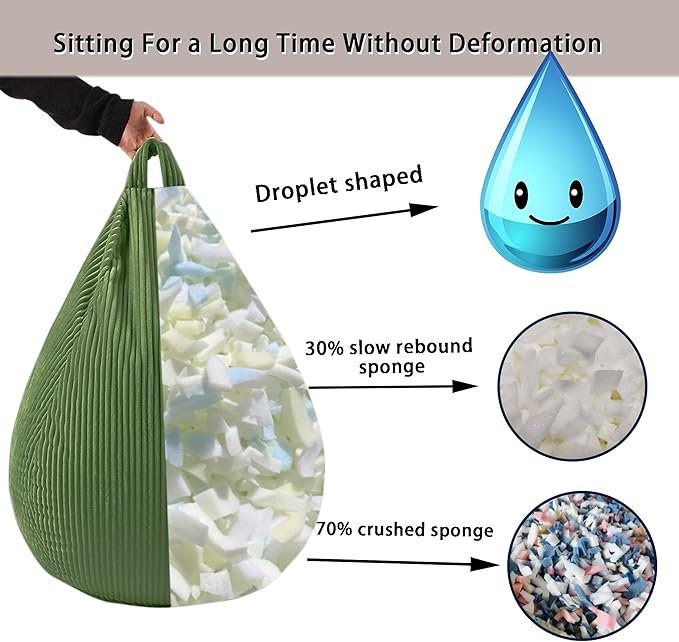 LPMOERA Bean Bag Chairs for Kids/Teen with Memory Foam Filling Bean Bag Sofa with Soft Corduroy Fabric BeanBag Chair for Living Room Bedroom College Dorm Reading Chair Green