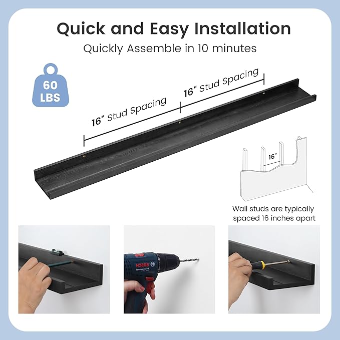 Picture Ledge Shelf for Wall, 48 inch Solid Pine Wood Nursery Book Shelves 2 Packs, Floating Ledge Shelves for Kids' Room Bedroom Bathroom Living Room Photo Frames Office Nursey Wall Decor, Black