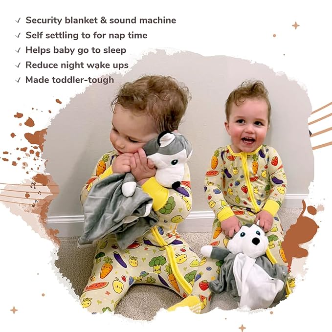 Love By Emi Baby Music Lovey Grey & White Husky, Baby Sleep Soother for Crib & Cuddle Bedtime, White Noise with Heartbeat & Lullaby, Plush Sound Toy, Stuffed Animal for Newborns, Infants & Toddlers