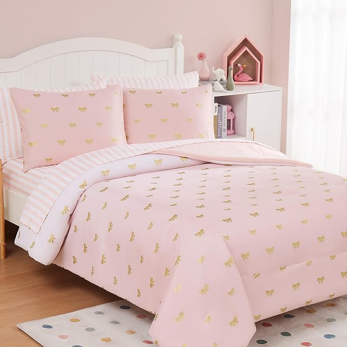 Full Size Comforter Sets with Sheets for Girls-7 Pieces Full Size Bedding Sets with Pink Comforter, Sheets, Pillowcases & Shams for Kids (Pink Gold Bow, 76" X 86")
