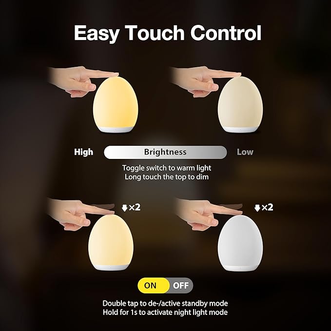 JolyWell Night Light for Kids, Baby Egg Light with 7 Colors Changing Mode & Stepless Dimming, Nursery Night Lamp BPA Free,Rechargeable Egg Night Light for Breastfeeding 1h Timer & Touch Control