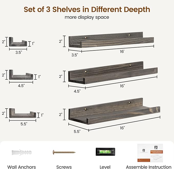 Picture Ledge Wall Shelves 16 inches Width Set of 3, Solid Pine Wood Rustic Floating Ledge Shelves for Wall for Kids' Room Bedroom Kitchen Bathroom Living Room Nursery Display Decor, Grey