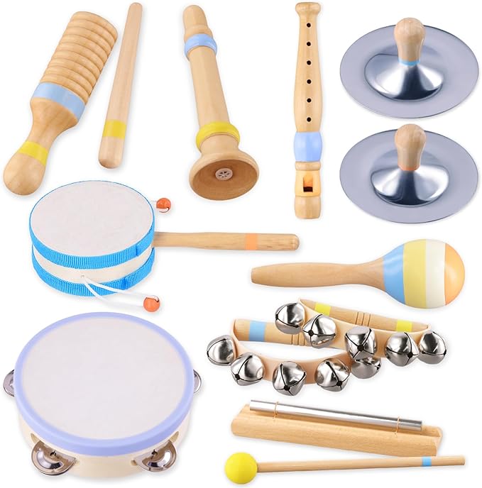 Montessori Musical Instruments for Toddlers, Wooden Baby Music Set with Drum, Flute, Clarinet, Chime Bar, Bells Cymbals, Natural Sensory Learning Toys for Boys Girls 1-3 Years Old