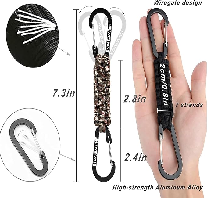 BRAVESHINE Paracord Keychain Carabiner Clip, D Ring Lanyard Hanger Stroller Hook for Water Bottle, Key, Backpacks, Men, Women