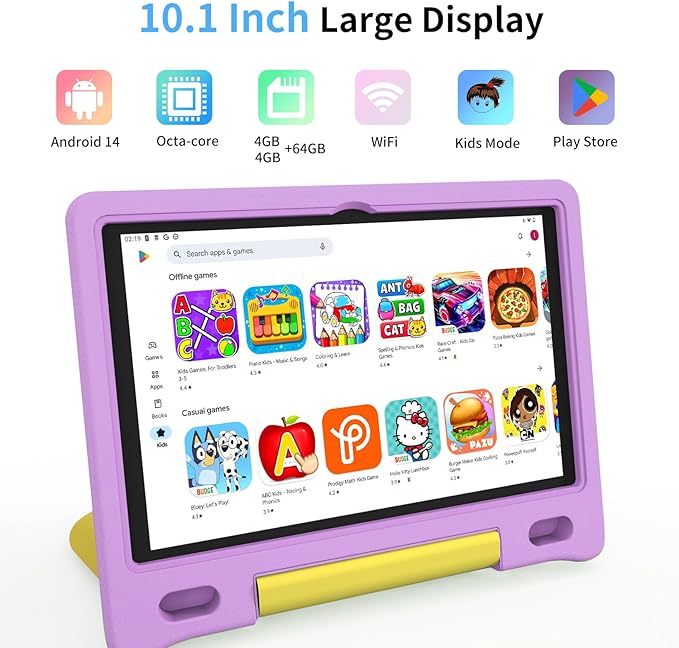 Kids Tablet, 10.1 Inch Tablet for Kids, Android 14, 64GB, Octa-Core CPU, WiFi, Big Battery, Kids Conten, Parental Control, HD Display Children Age 3-12, Bluetooth, Purple Case